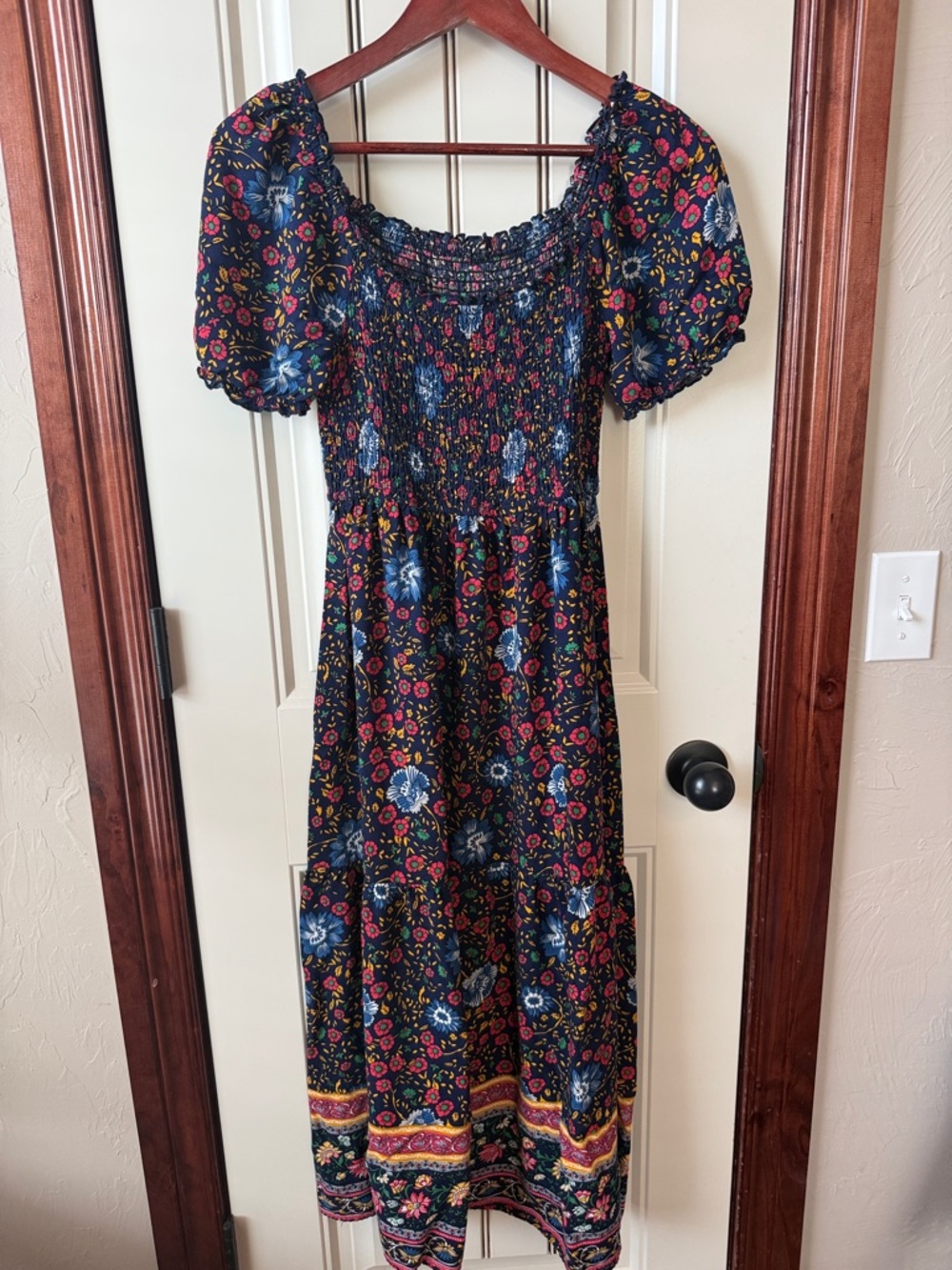 Floral Smocked S Maxi Dress in Navy & Multicolor Floral Print. Great Condition.
